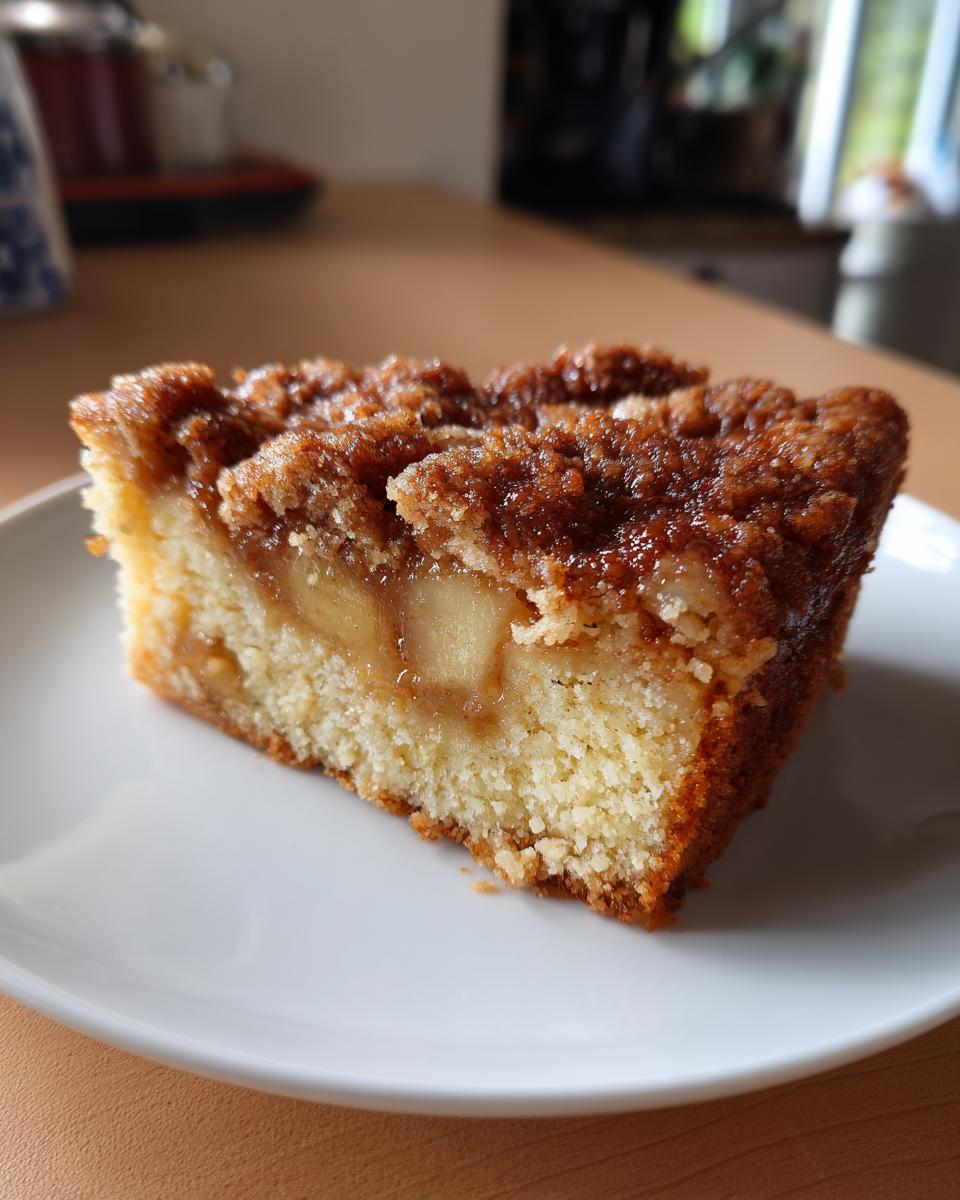 A close-up of a moist slice of apple crumb cake on a white plate, showcasing tender apple pieces and a golden crumb topping.