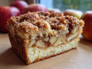 A close-up of a slice of apple crumb cake, showing layers of tender cake, spiced apples, and a crunchy crumb topping.