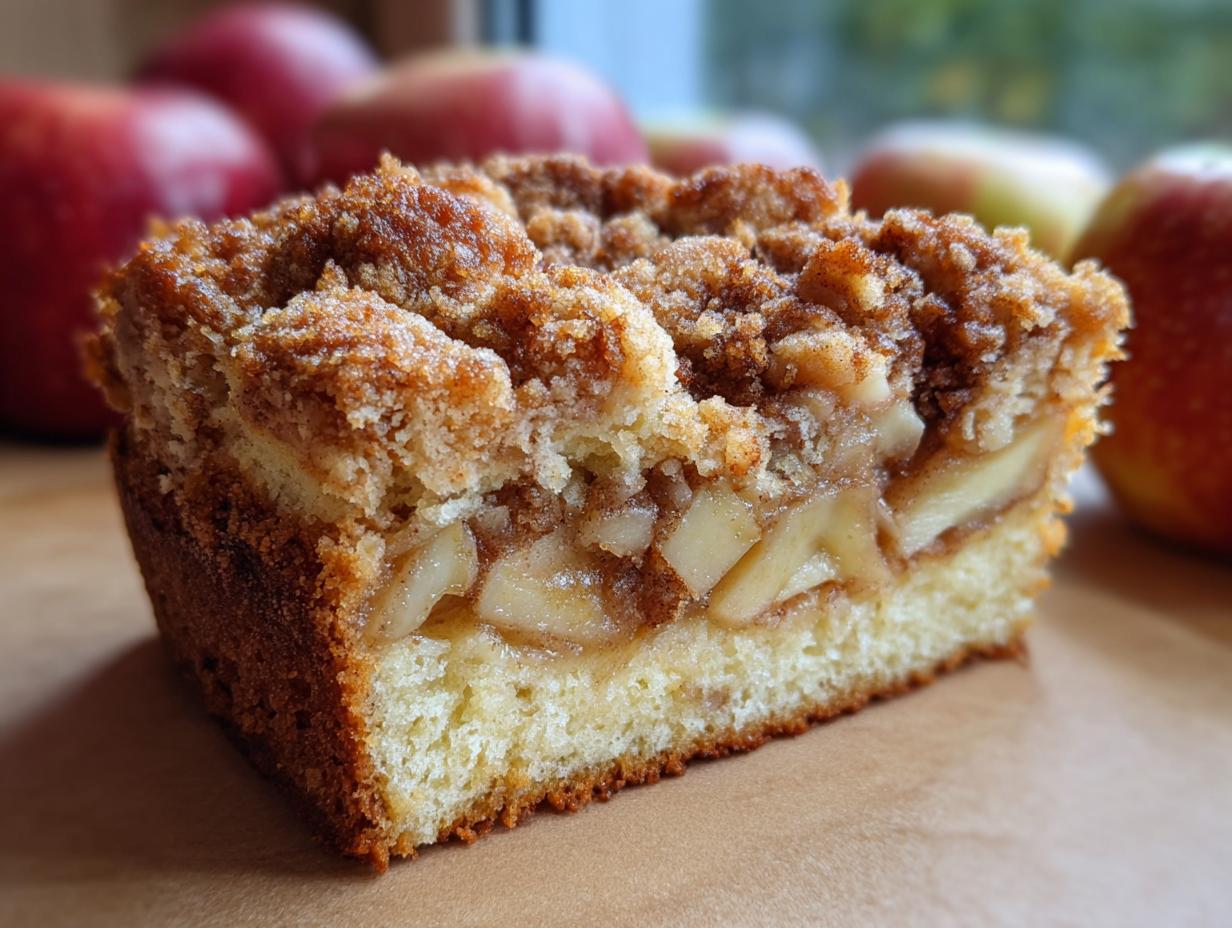 A close-up of a slice of apple crumb cake, showing layers of tender cake, spiced apples, and a crunchy crumb topping.