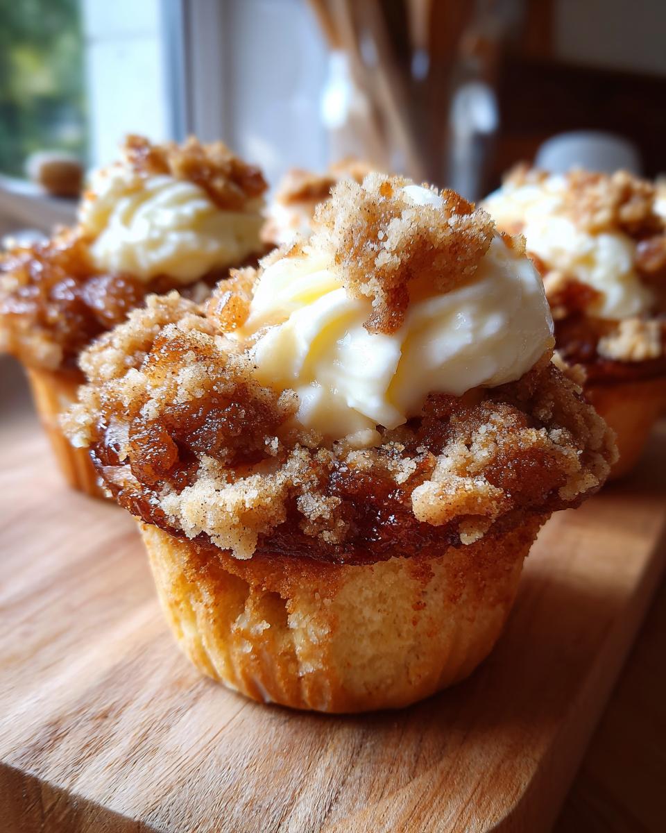 Close-up of delicious apple crumble cheesecake buns topped with cream cheese frosting and crumble.