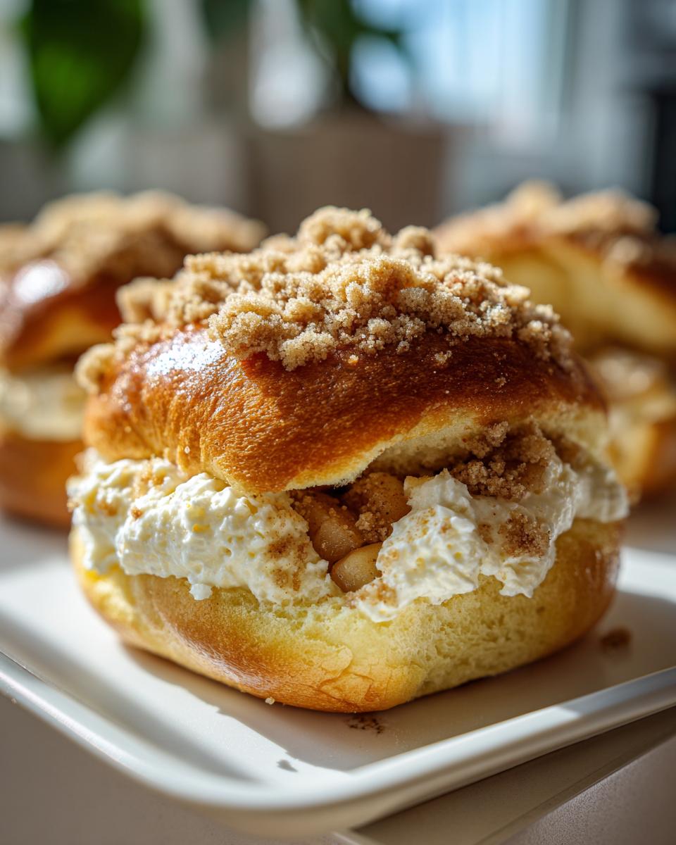 Close-up of a delicious Apple Crumble Cheesecake Bun filled with creamy cheesecake and apple pieces, topped with crumble.