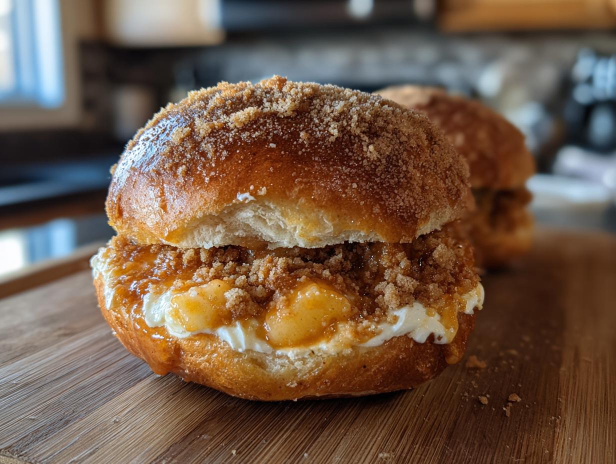 Close-up of a delicious apple crumble cheesecake bun, filled with creamy cheesecake and apple filling, topped with crumble.