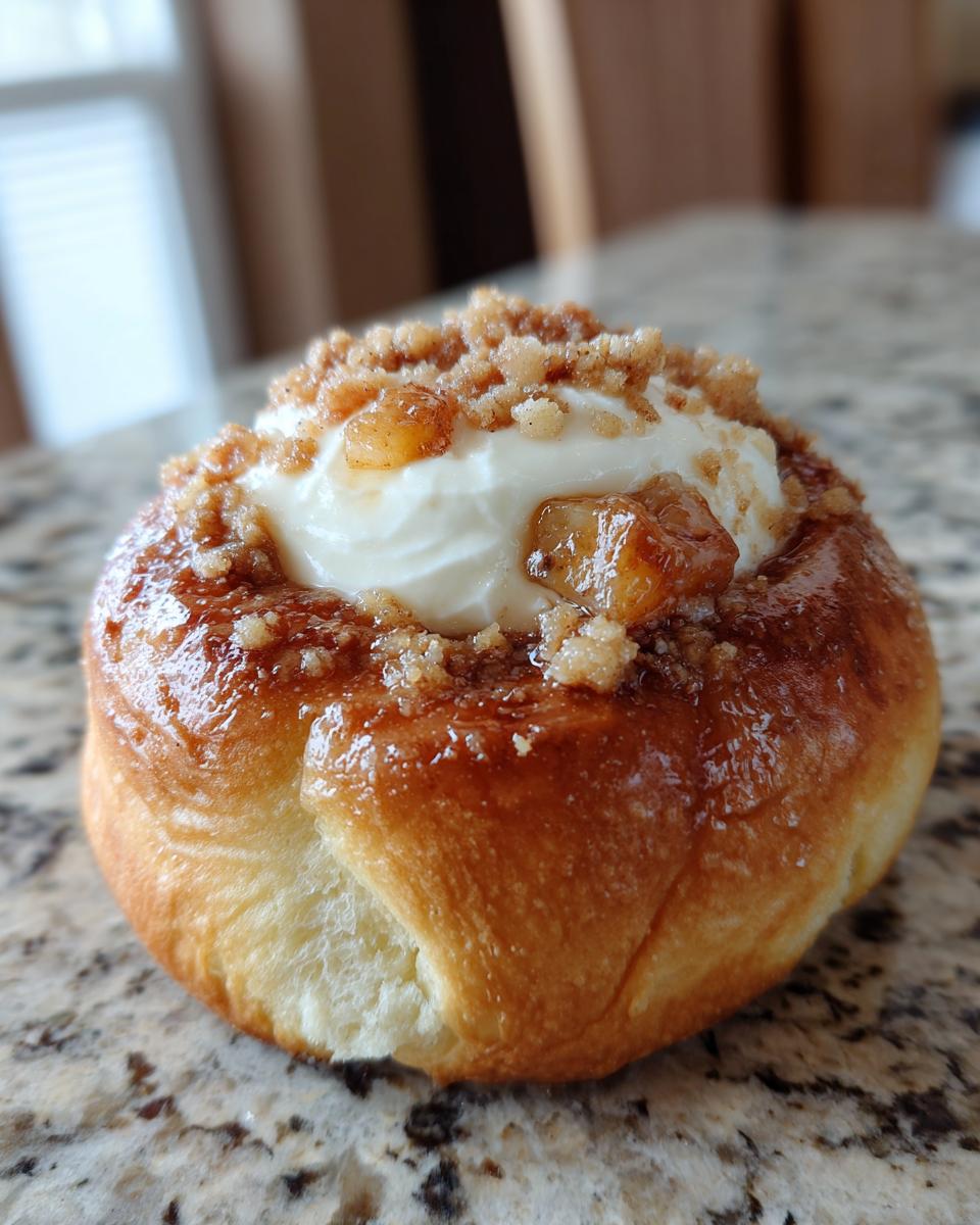 A single Apple Crumble Cheesecake Bun topped with cream cheese frosting and crumble topping.