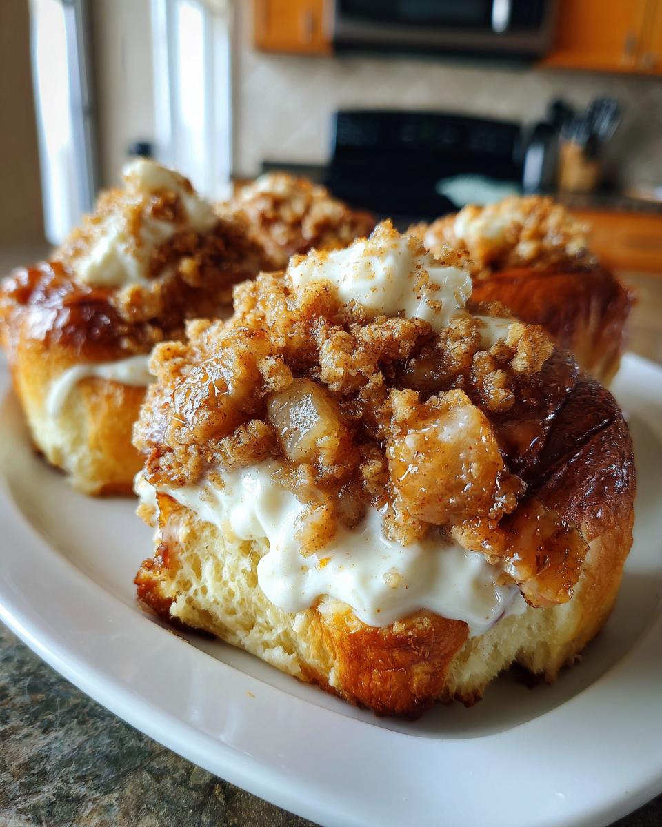 Close-up of delicious Apple Crumble Cheesecake Buns topped with cream cheese frosting and crumble topping.