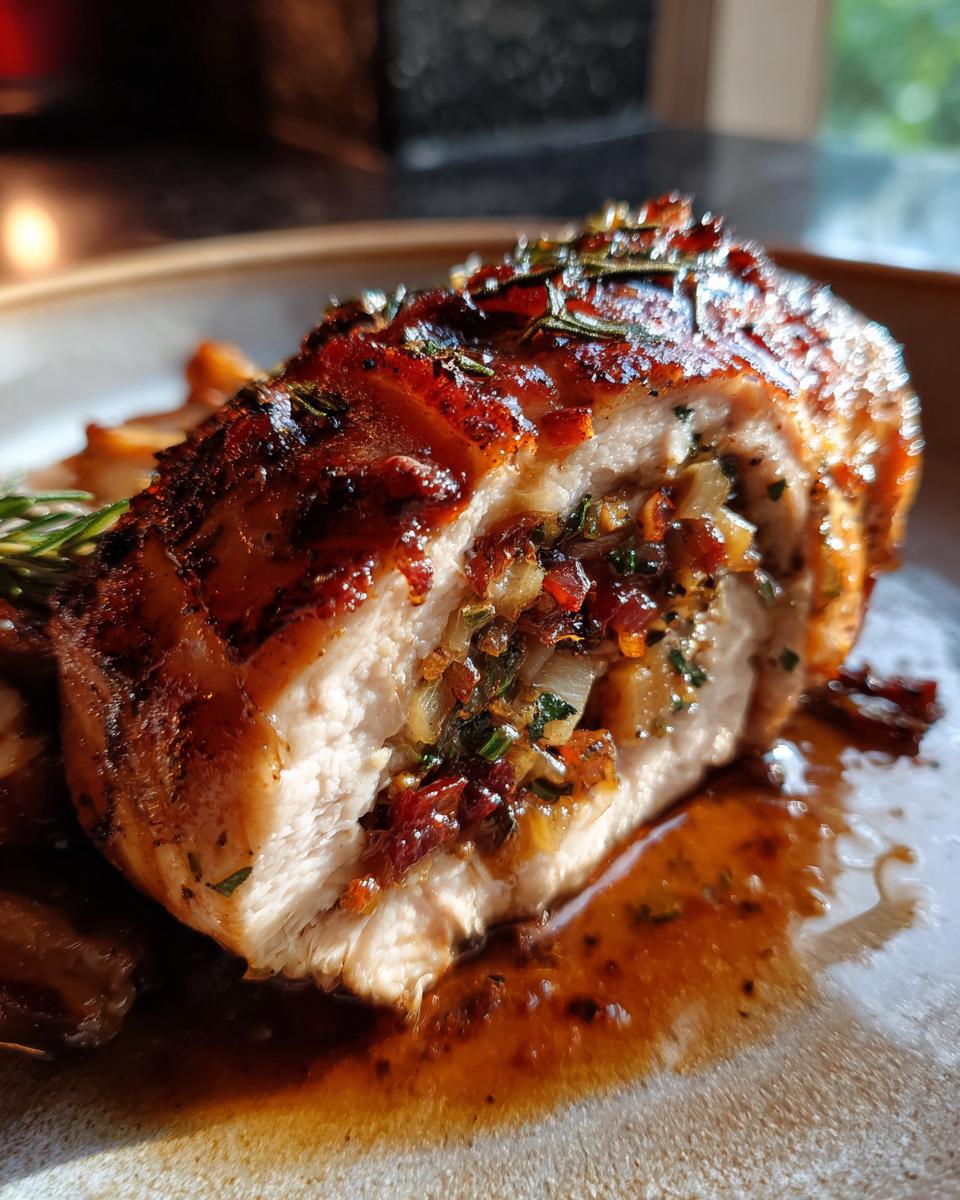 Close-up of a juicy apple and rosemary stuffed pork chop, showing the tender meat and flavorful filling.