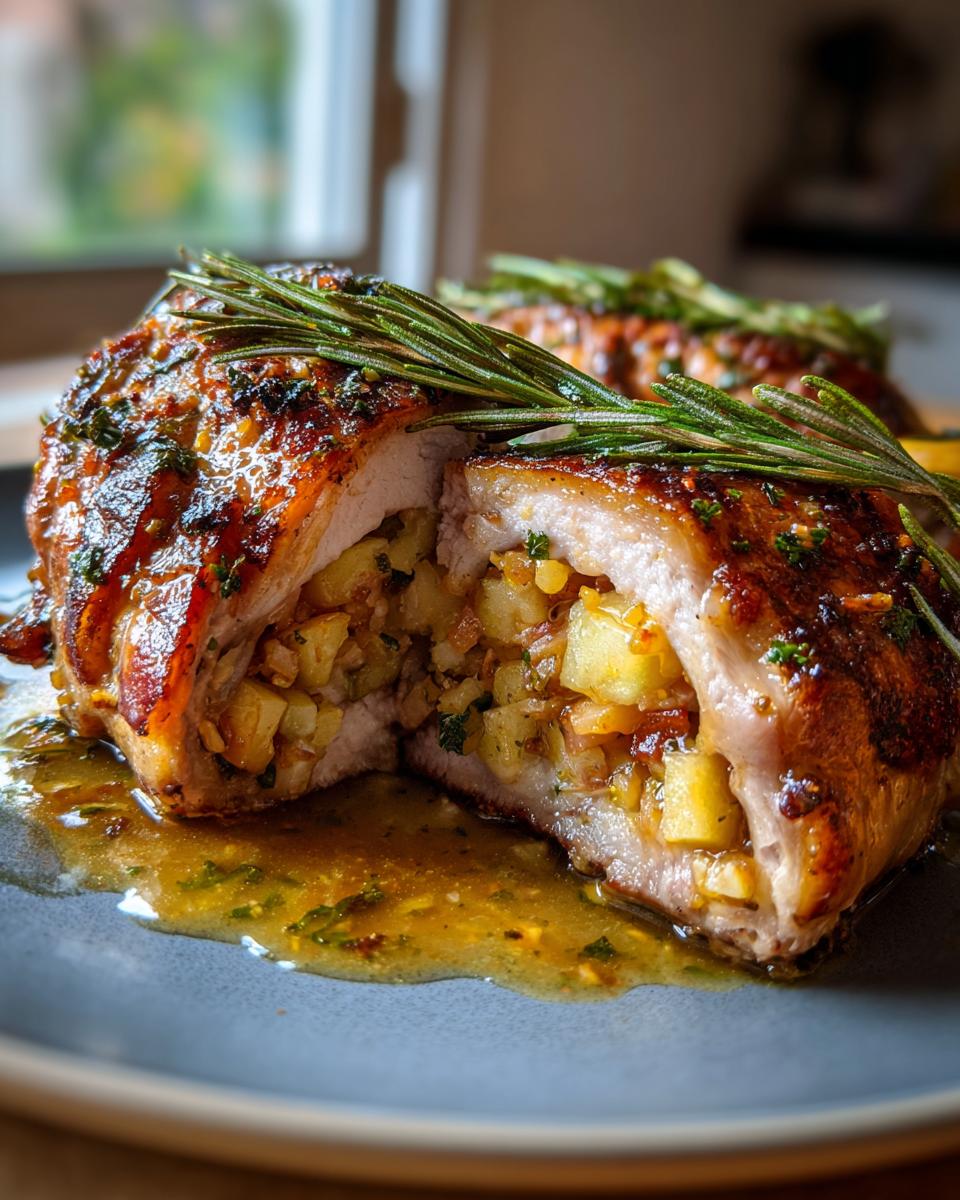 Close-up of a juicy apple and rosemary stuffed pork chop, cut in half to reveal the apple and herb filling.