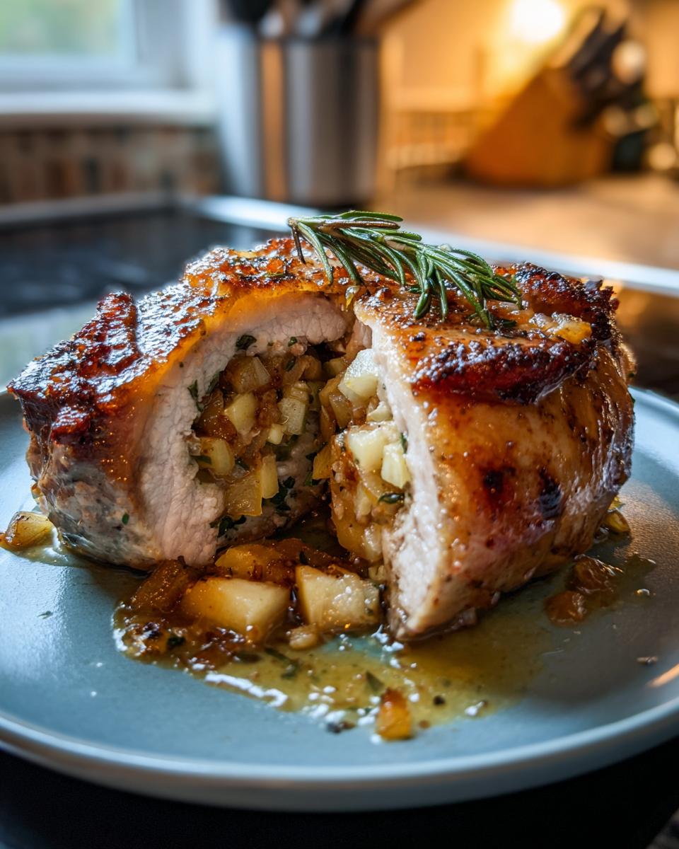 A close-up of juicy apple and rosemary stuffed pork chops, sliced to reveal the filling and drizzled with sauce.