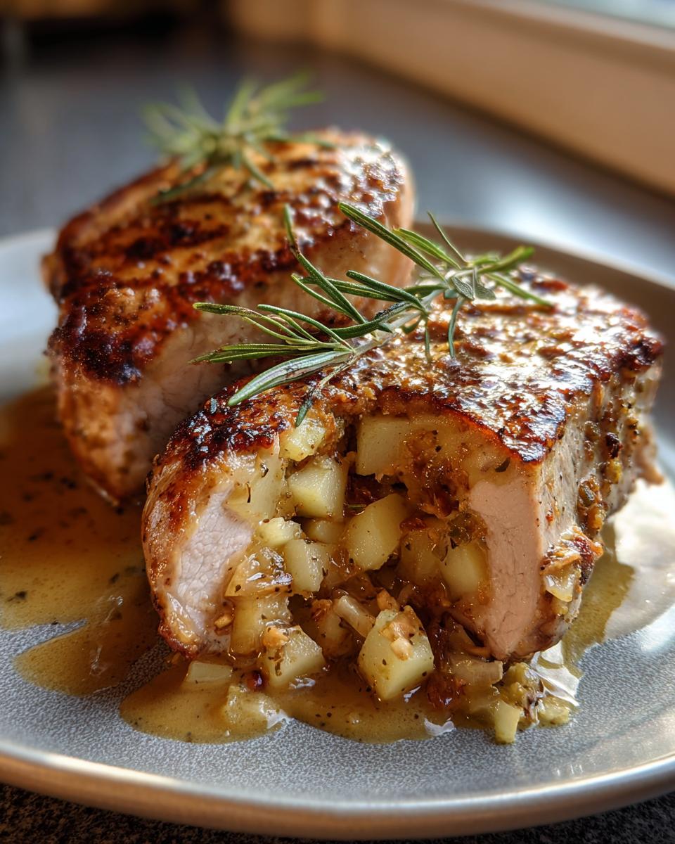 Close-up of two juicy apple and rosemary stuffed pork chops, sliced to show the apple filling and drizzled with sauce.
