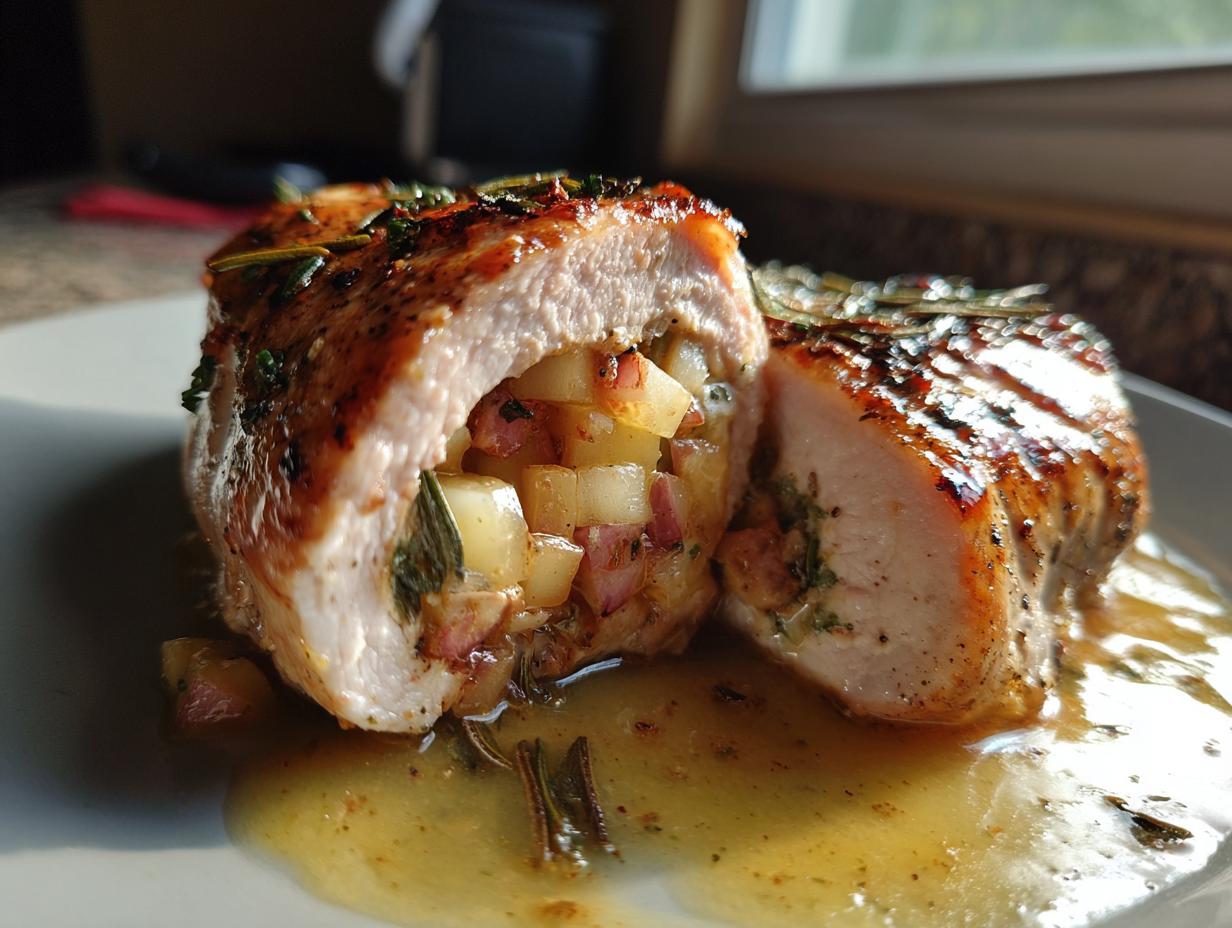Close-up of juicy apple and rosemary stuffed pork chops, cut in half to reveal the filling.