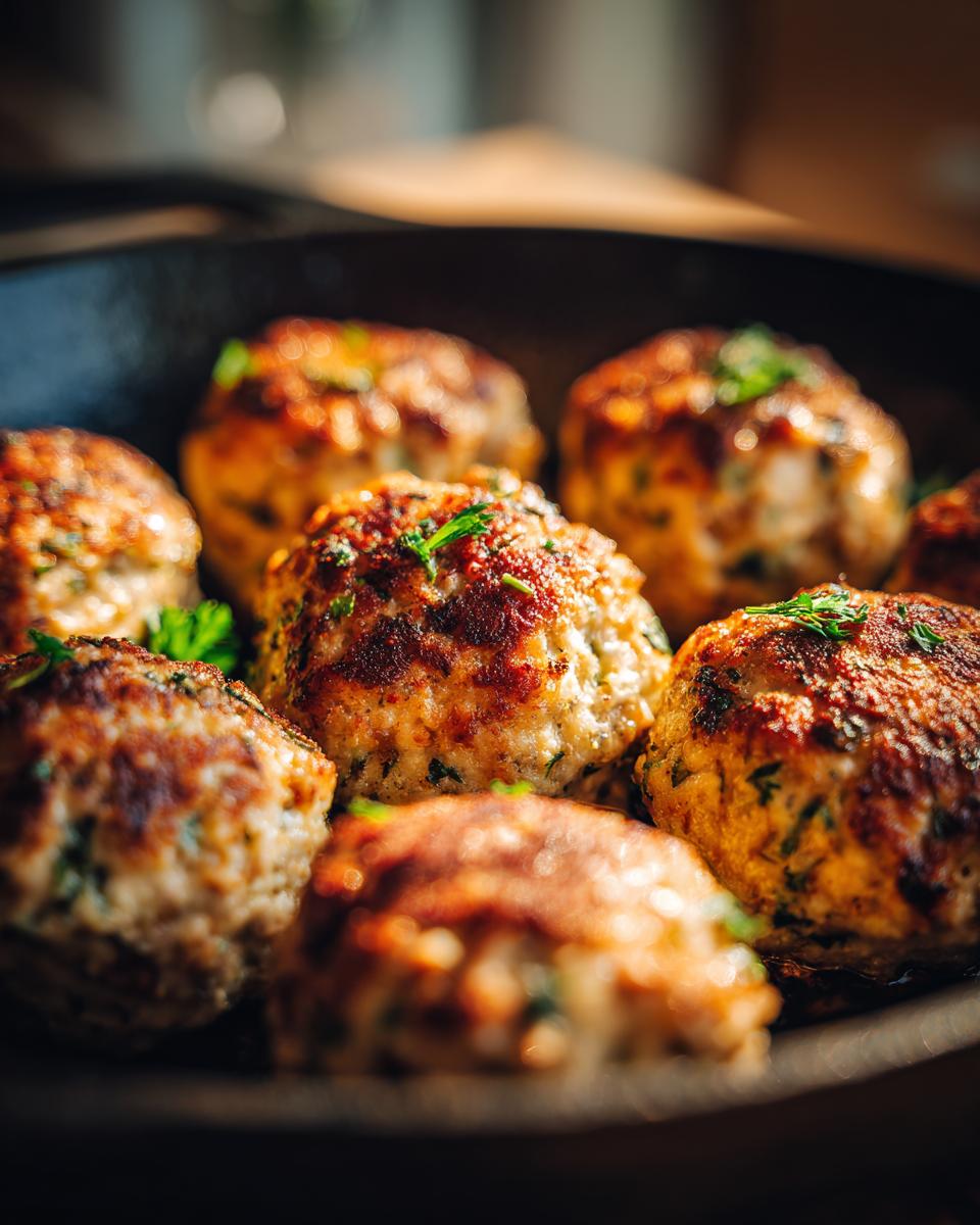 Close-up of golden brown baked chicken ricotta meatballs, garnished with fresh herbs.