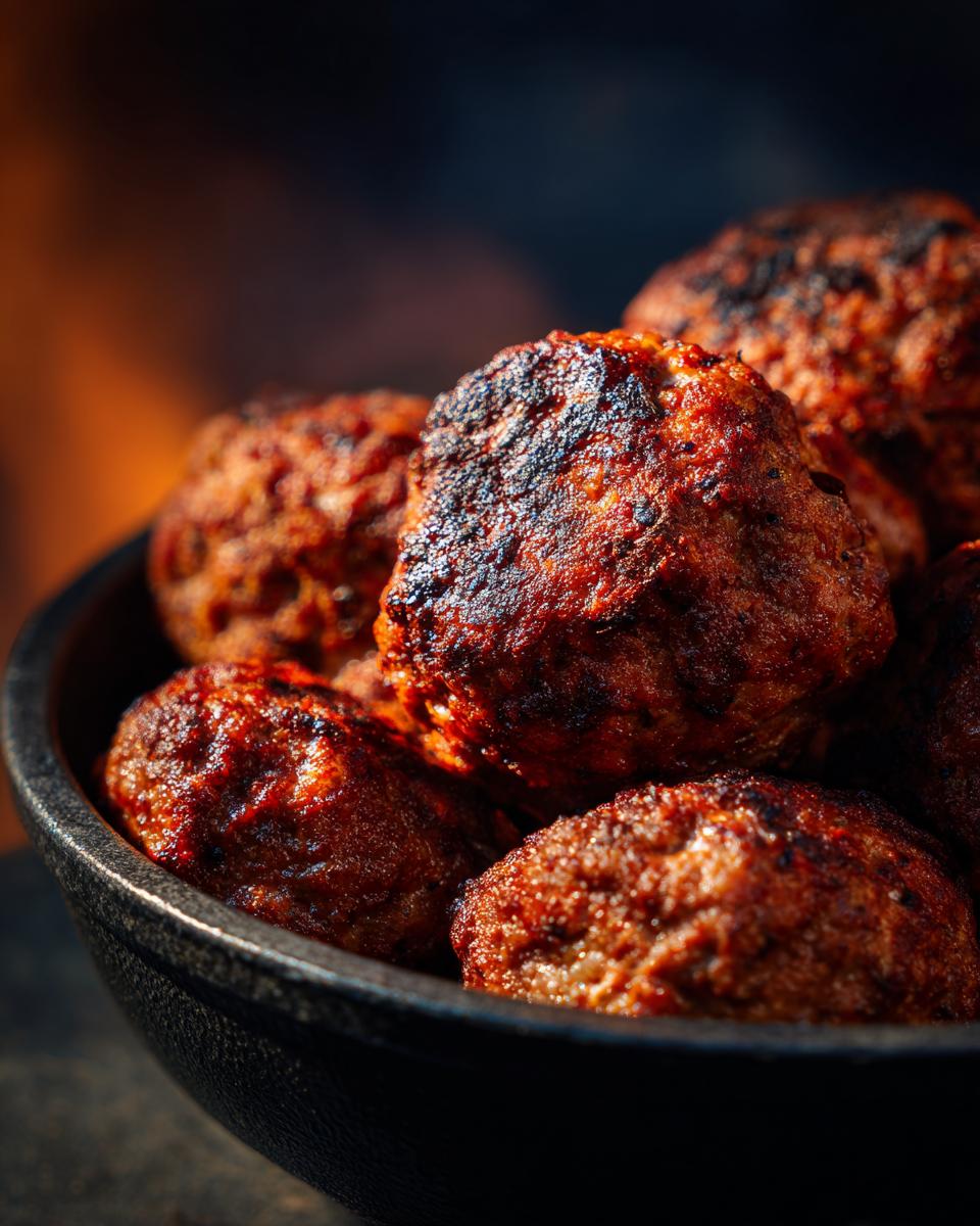 Close-up of golden-brown baked chicken ricotta meatballs in a dark bowl, with a warm, blurred background.