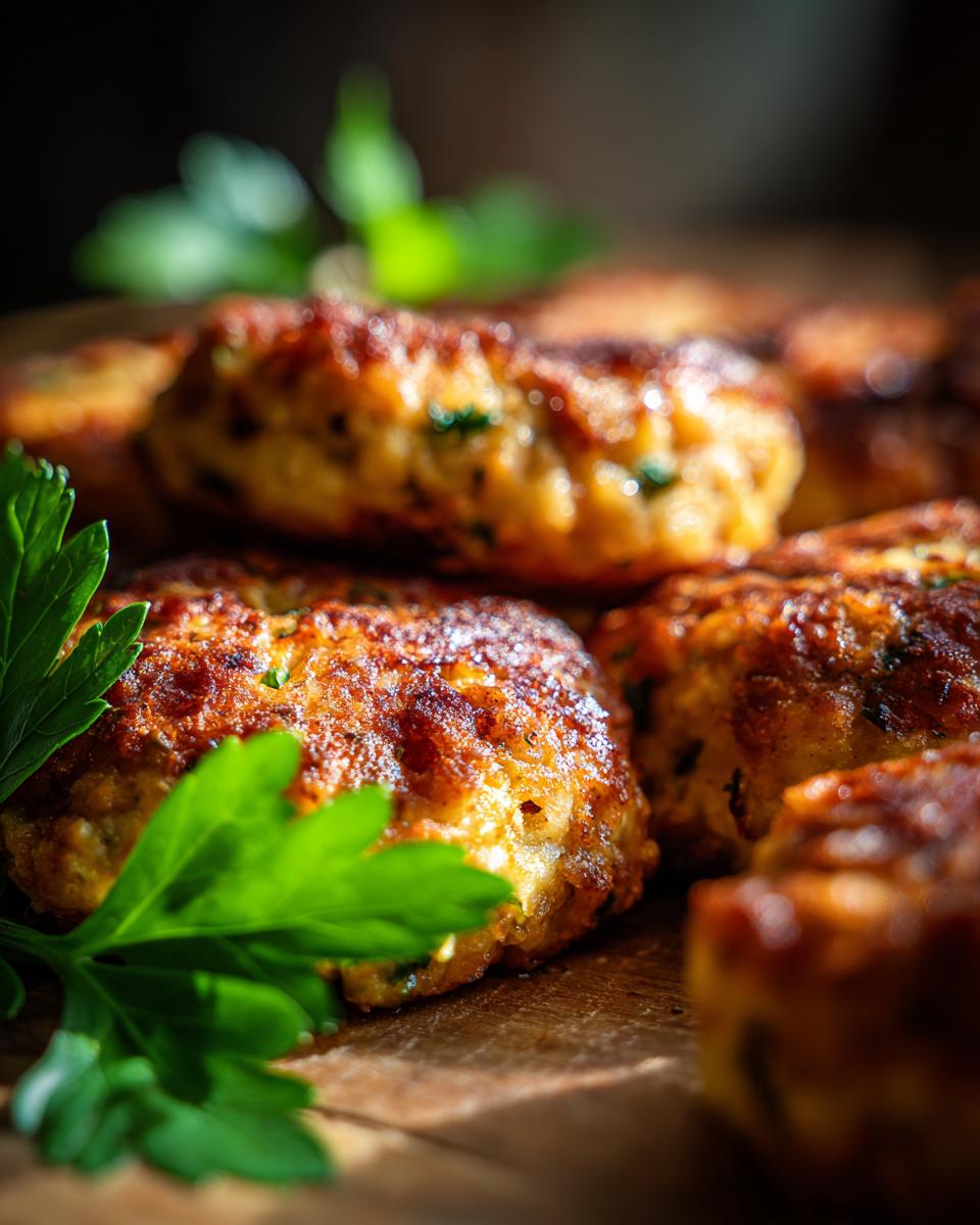 Close-up of golden-brown baked chicken ricotta meatballs, garnished with fresh parsley.