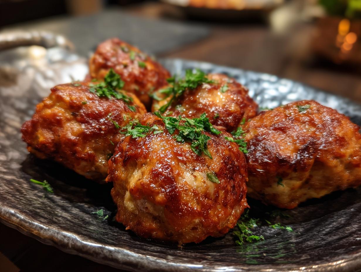 A close-up of golden-brown baked chicken ricotta meatballs, garnished with fresh parsley, served on a dark plate.