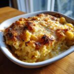 Close-up of a golden-brown baked parmesan corn casserole in a white dish, showing creamy texture and crispy topping.