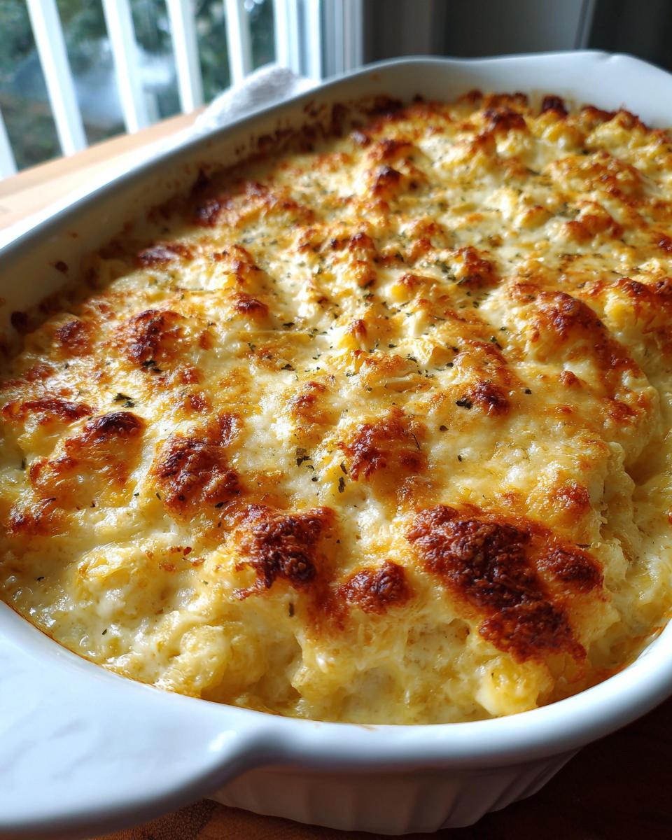 Close-up of a bubbly, golden-brown baked parmesan corn casserole in a white dish.