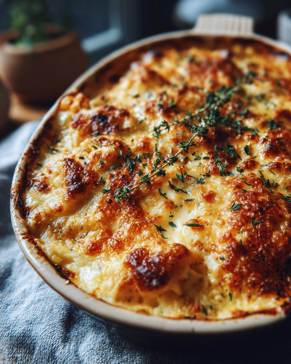 Close-up of a bubbling baked parmesan corn casserole with a golden-brown cheesy crust and fresh herbs on top.
