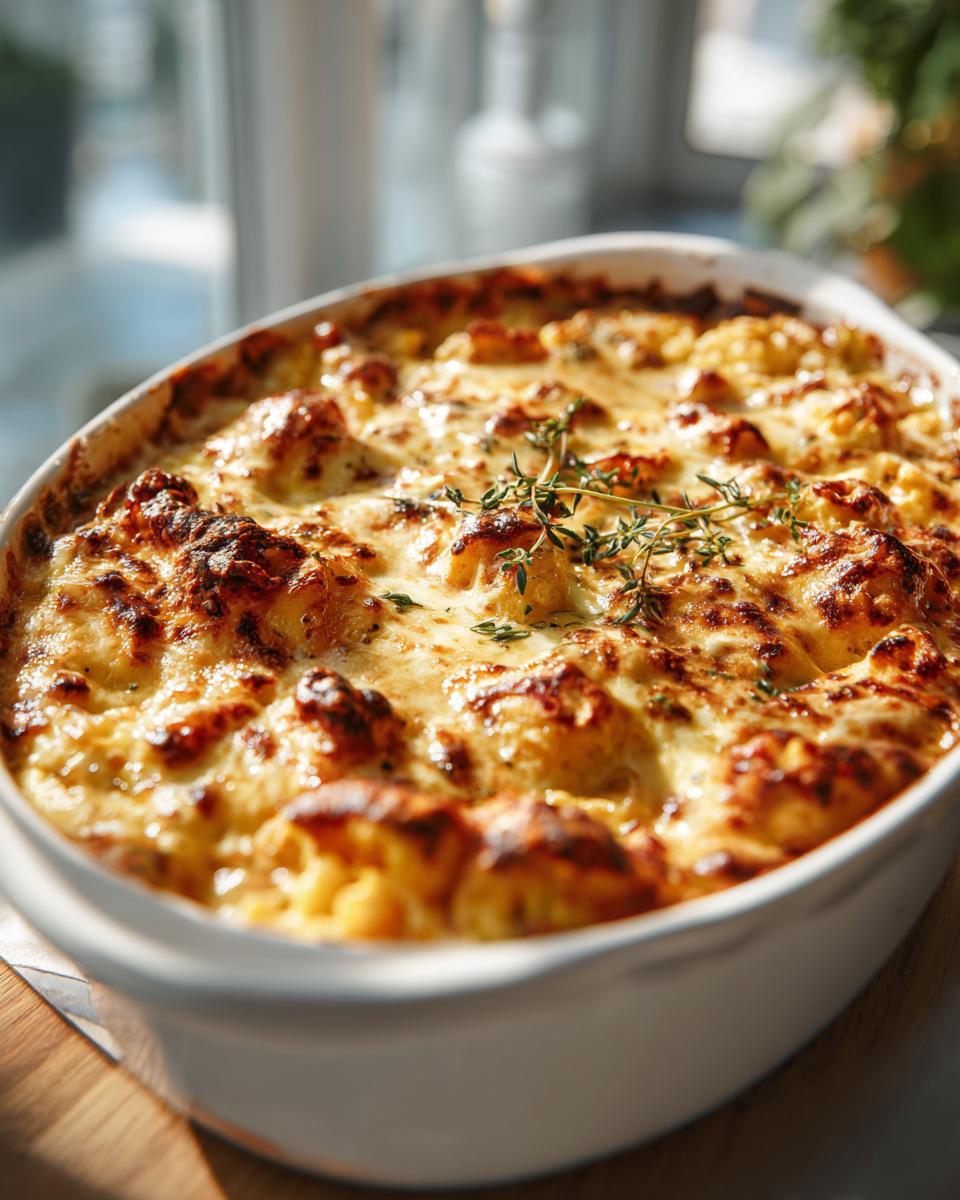 A close-up of a bubbling baked parmesan corn casserole in a white dish, topped with fresh herbs.