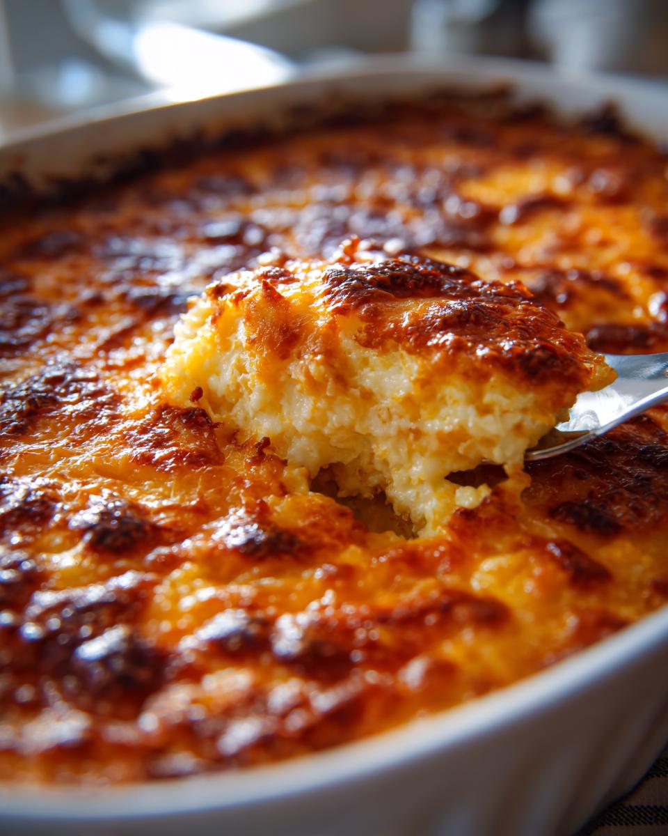 A close-up of a serving spoon lifting a portion of creamy baked parmesan corn casserole with a golden-brown cheesy crust.