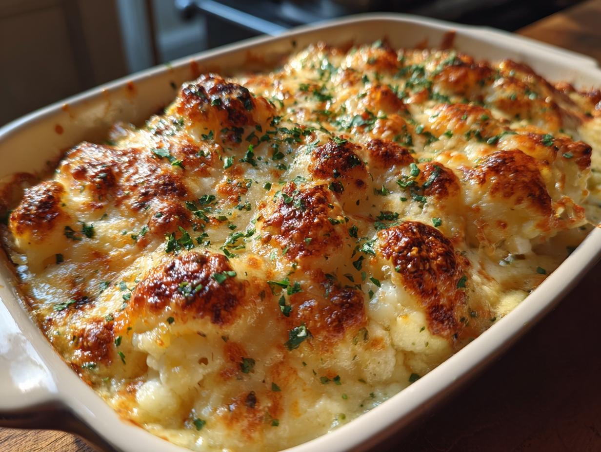 Close-up of a golden-brown baked parmesan corn casserole, topped with melted cheese and fresh parsley.