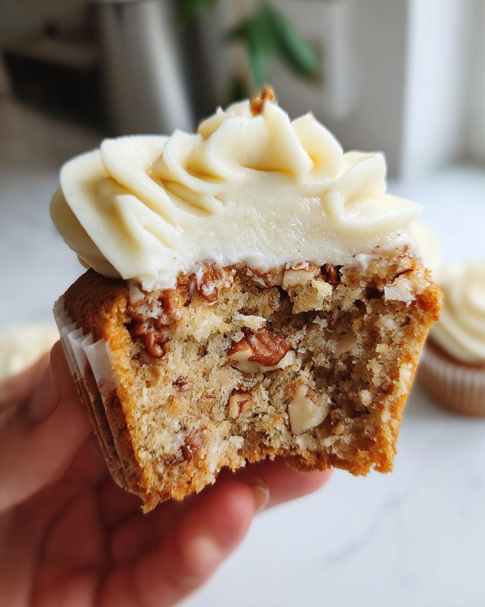 Close-up of a hand holding a bite taken out of a Banana Cinnamon Pecan Cupcake with cream cheese frosting.