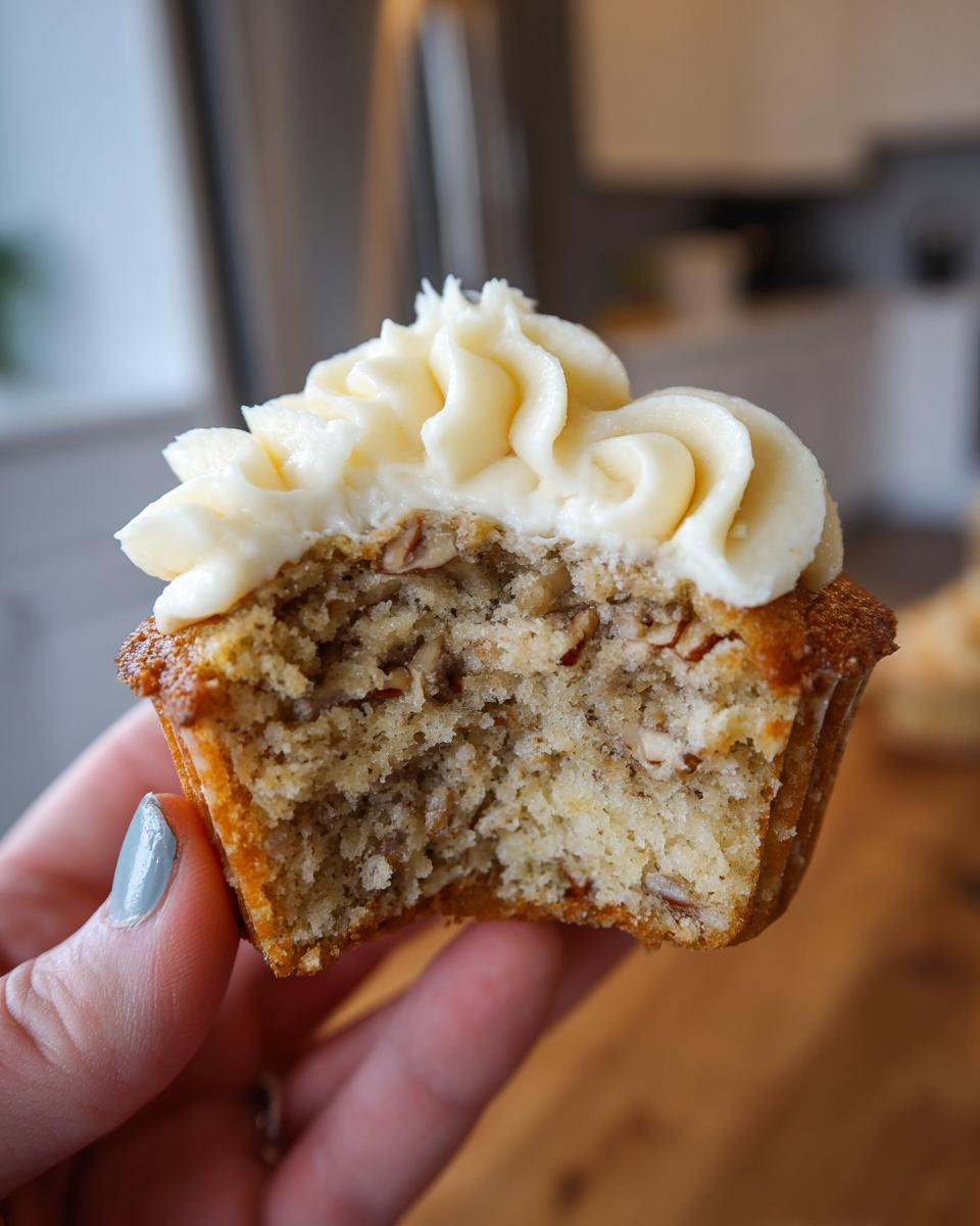A hand holding a bite taken out of a delicious banana cinnamon pecan cupcake with cream cheese frosting.