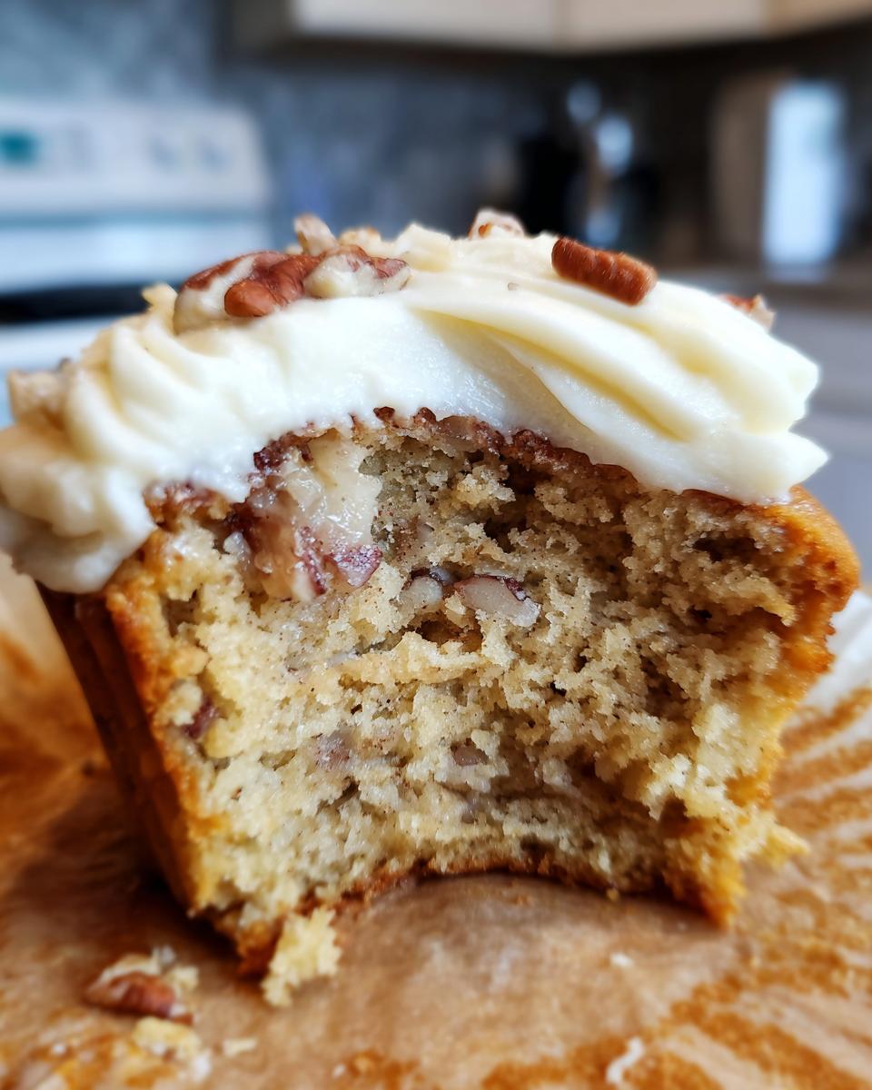 A delicious Banana Cinnamon Pecan Cupcake with a bite taken out, showing the moist interior and pecan pieces.