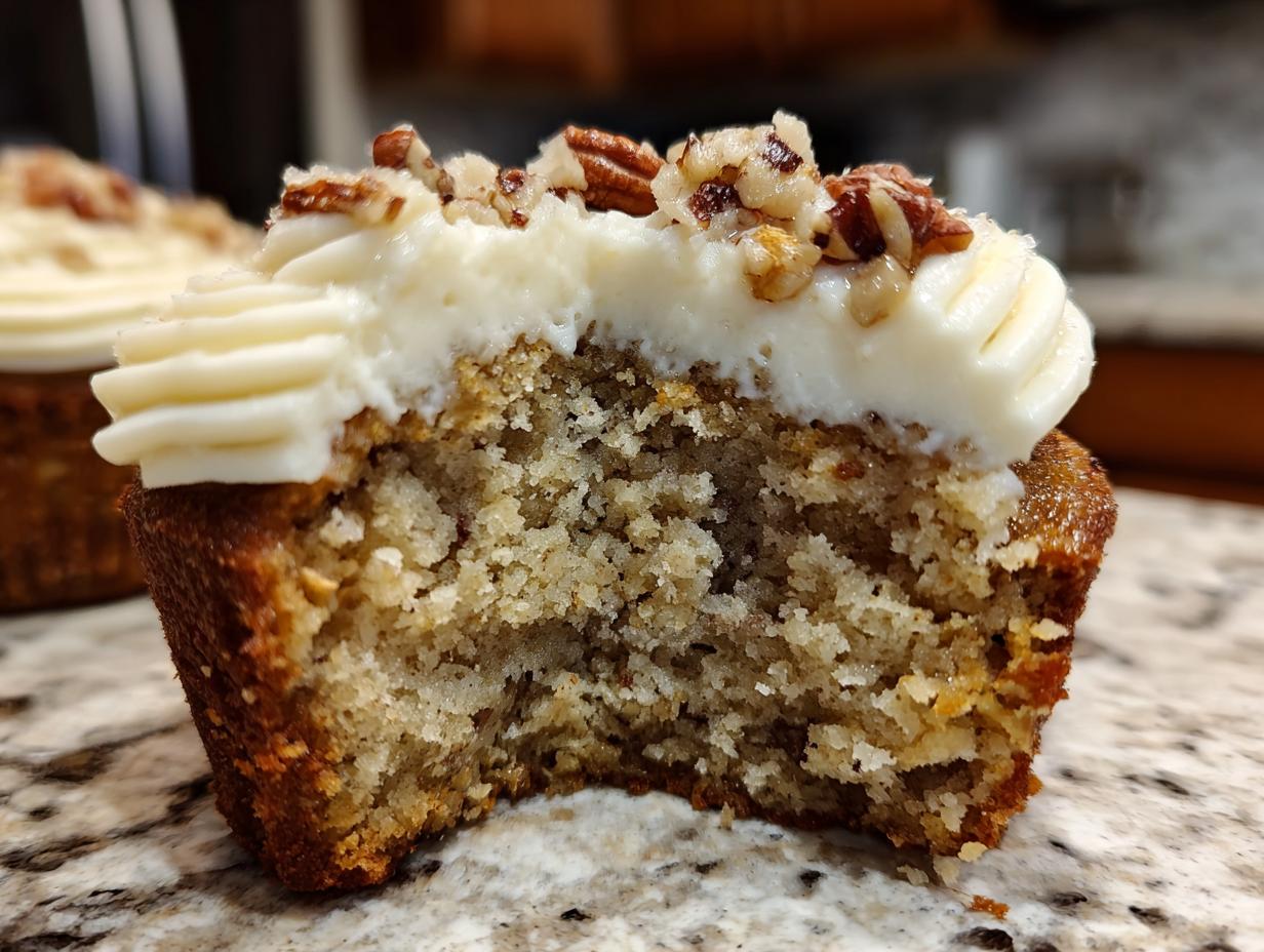 Close-up of a delicious banana cinnamon pecan cupcake with cream cheese frosting and chopped pecans.