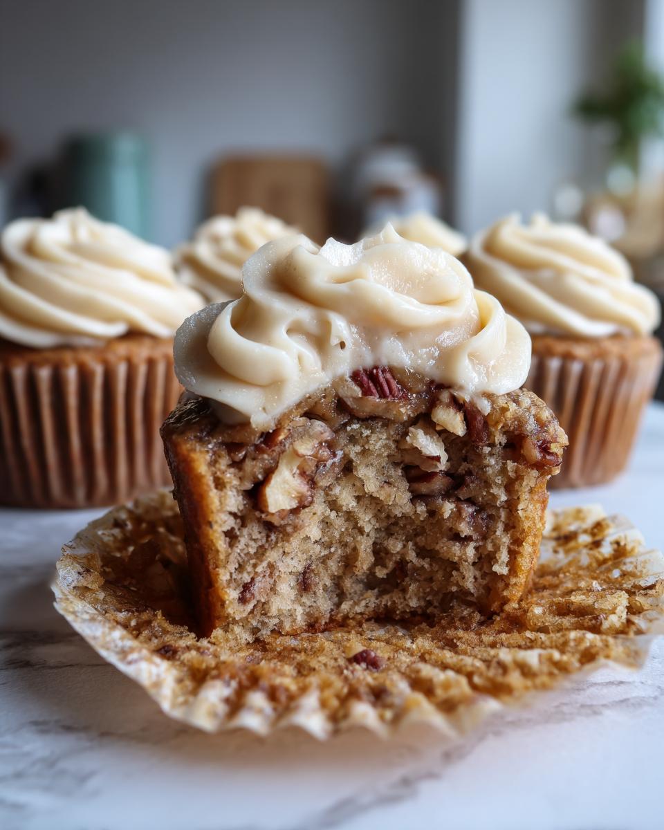 A close-up of a delicious banana cinnamon pecan cupcake with a bite taken out, showing the moist interior and frosting.