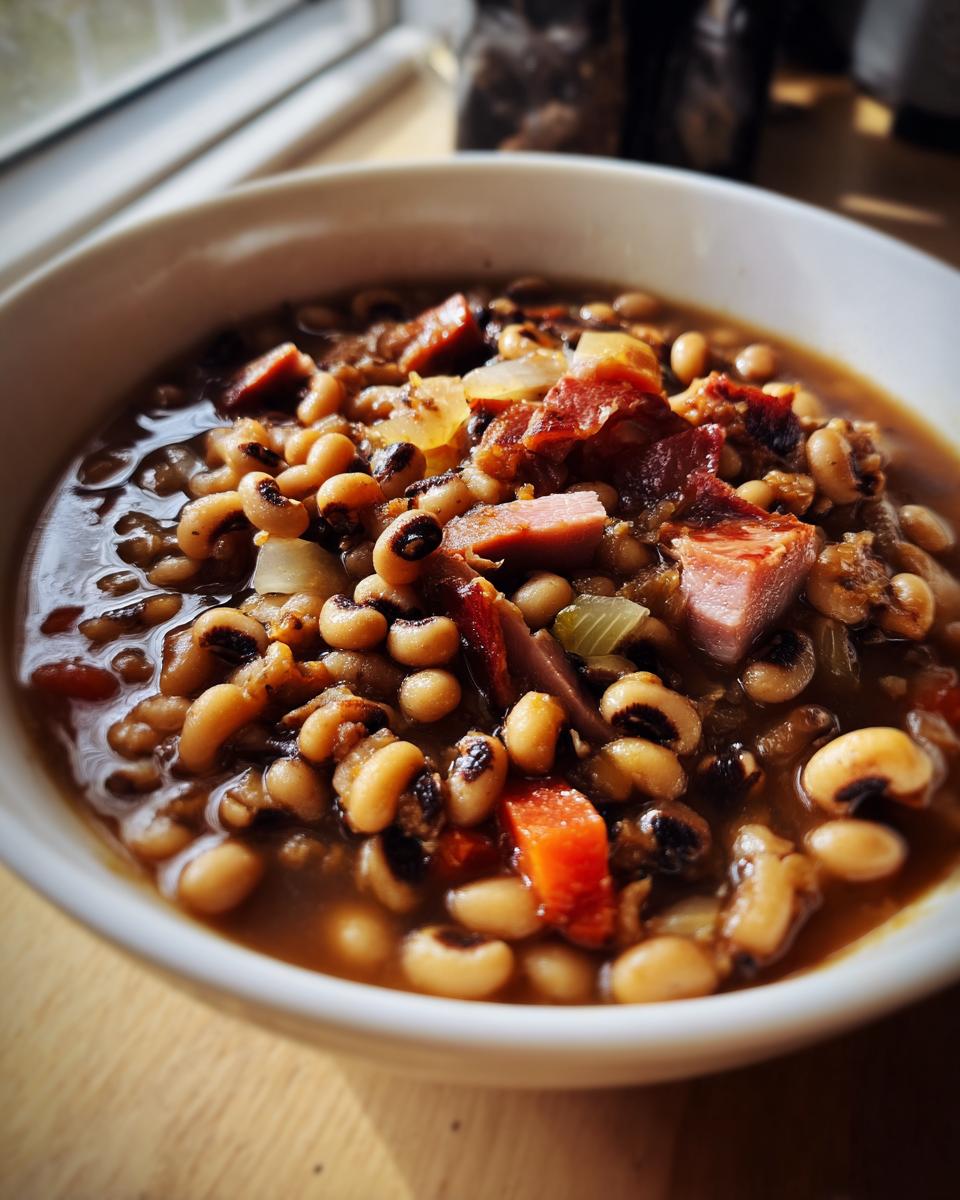 Close-up of a white bowl filled with a rich black eyed peas recipe, featuring chunks of ham, onions, and carrots in savory broth.