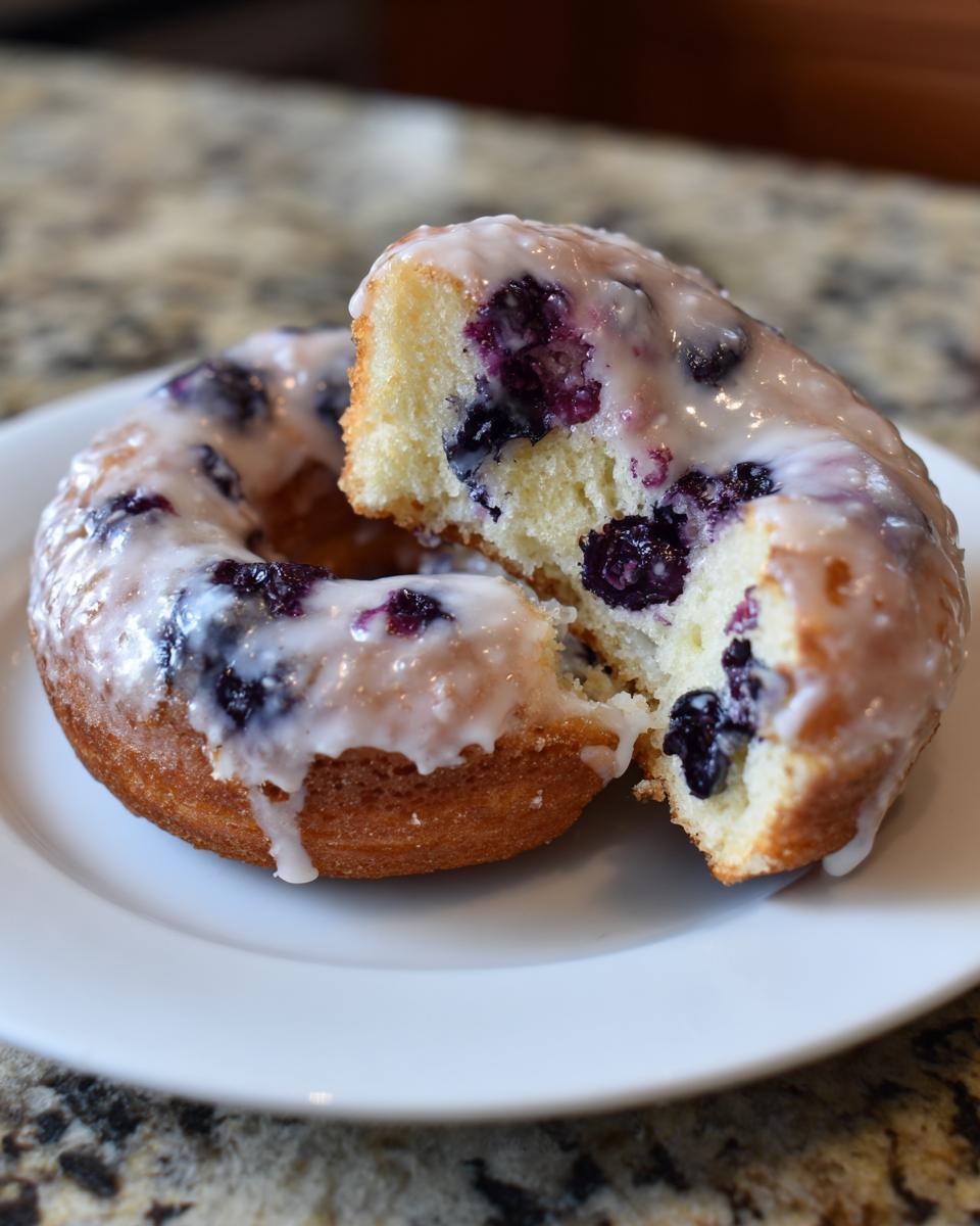 A close-up of a Blueberry Buttermilk Donut, split in half to reveal juicy blueberries and fluffy interior, topped with a glistening glaze.