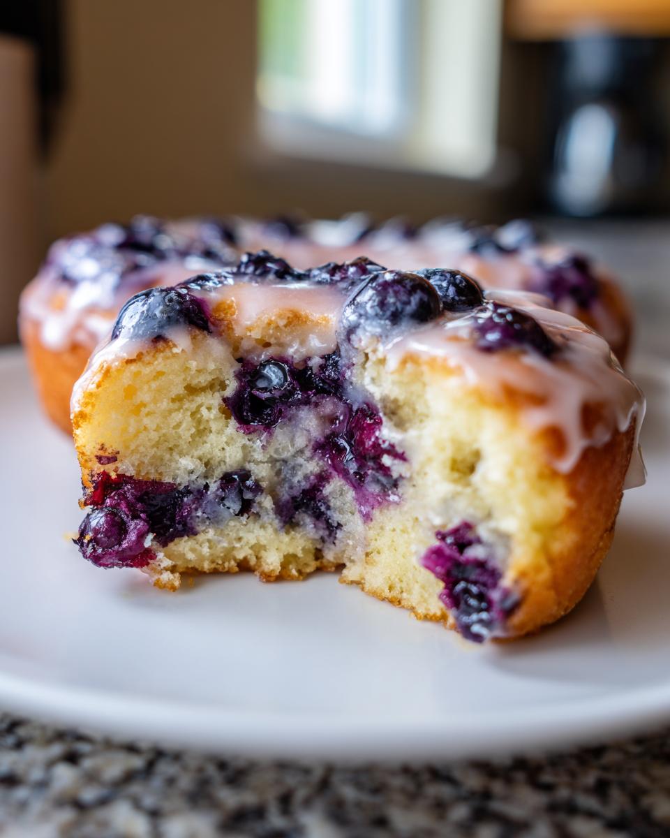 Close-up of a delicious Blueberry Buttermilk Donut, showing the fluffy interior packed with blueberries and topped with a sweet glaze.