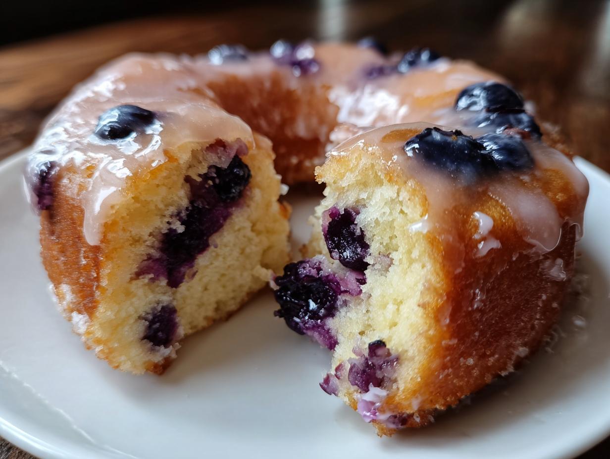 Close-up of a Blueberry Buttermilk Donut, cut in half, showing juicy blueberries and a sweet glaze.
