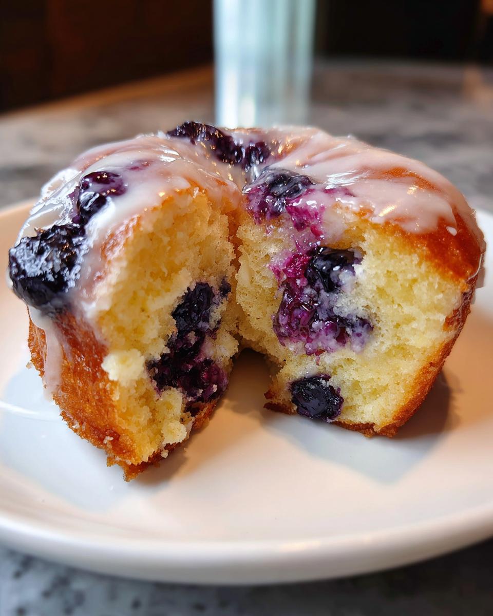A split Blueberry Buttermilk Donut showing the fluffy interior, bursting blueberries, and white glaze.