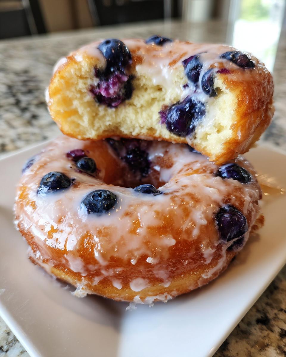 Two delicious blueberry buttermilk donuts stacked, one with a bite taken out, showing the fluffy interior and blueberries.