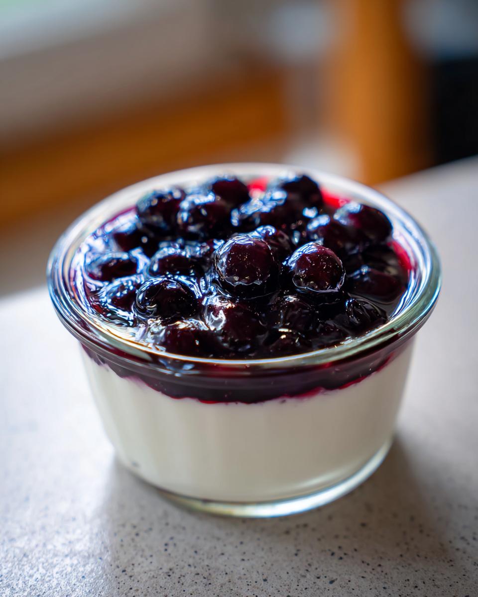 A close-up of a creamy Blueberry Vanilla Bean Panna Cotta topped with fresh blueberries and syrup in a glass ramekin.