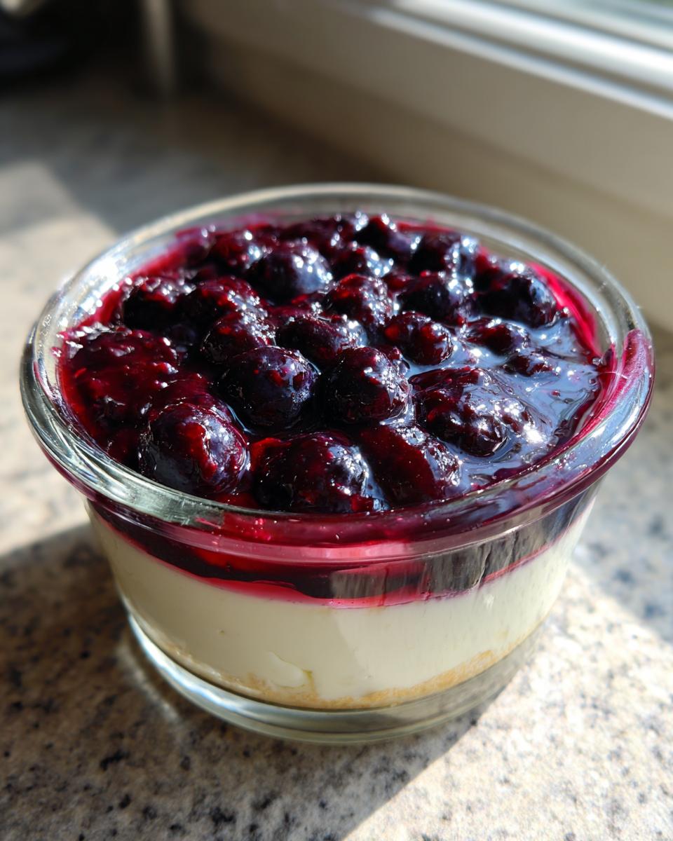 A close-up of a single serving Blueberry Vanilla Bean Panna Cotta in a glass dish, topped with a rich blueberry compote.