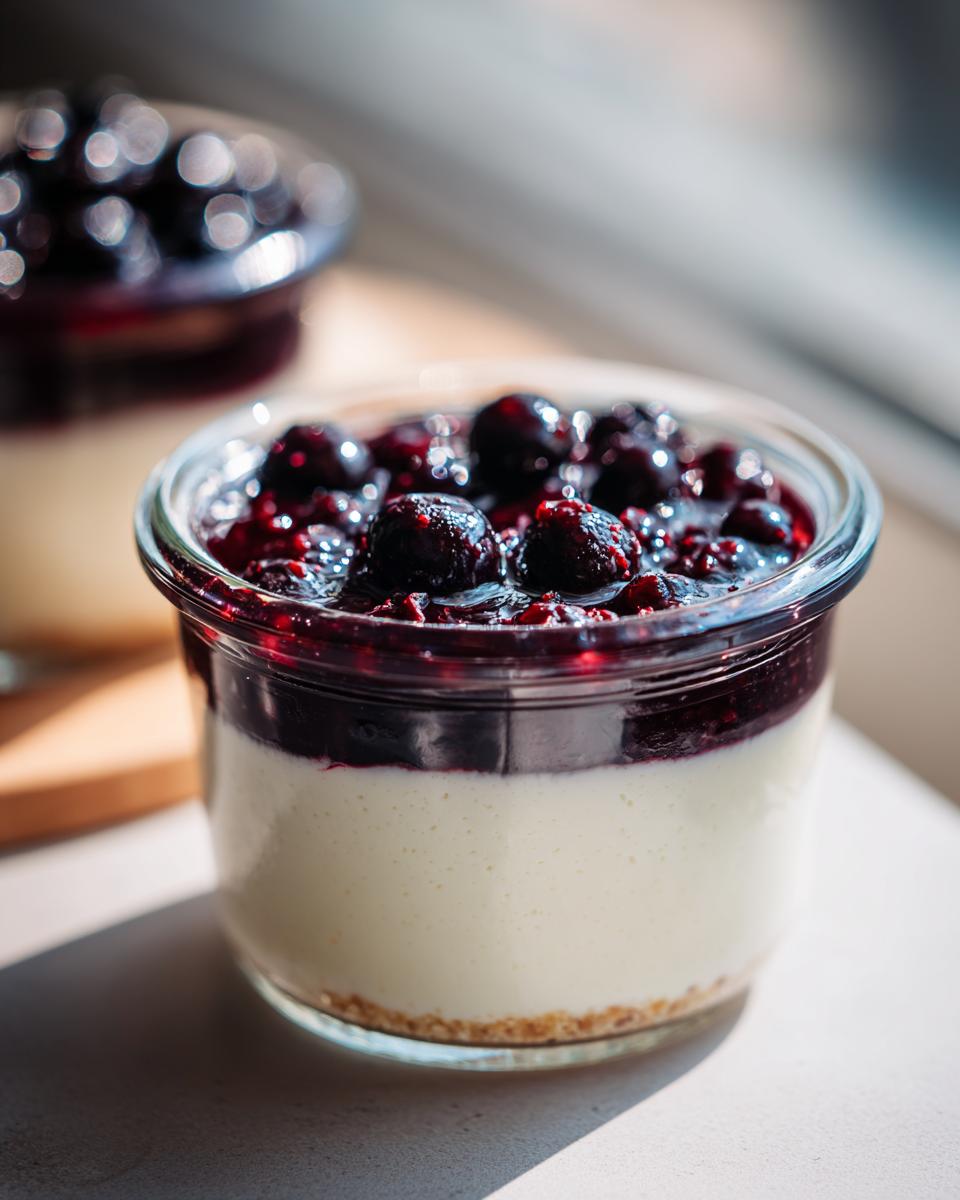 Close-up of a creamy Blueberry Vanilla Bean Panna Cotta topped with fresh blueberries in a glass jar.