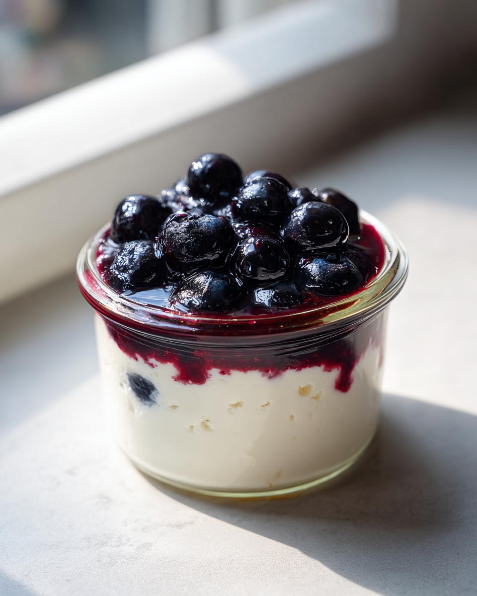 A close-up of a creamy Blueberry Vanilla Bean Panna Cotta served in a glass jar, topped with fresh blueberries and syrup.