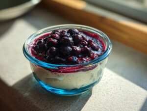 A close-up of a single serving of Blueberry Vanilla Bean Panna Cotta in a clear glass dish, topped with fresh blueberries and sauce.