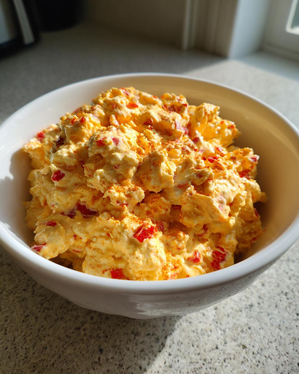 A close-up of a white bowl filled with creamy Pimento cheese, sprinkled with paprika.