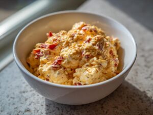 A close-up of a white bowl filled with creamy, chunky Pimento cheese, studded with red pimentos.