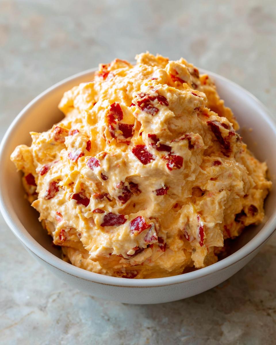 A close-up shot of creamy, orange pimento cheese dip with visible red pimento pieces, served in a white bowl.