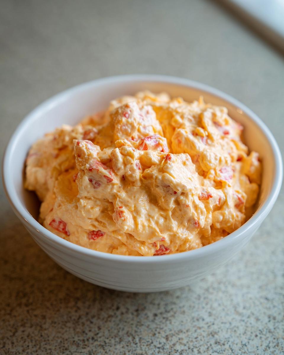 A close-up of a white bowl filled with creamy Pimento cheese dip, showing chunks of pimentos throughout.