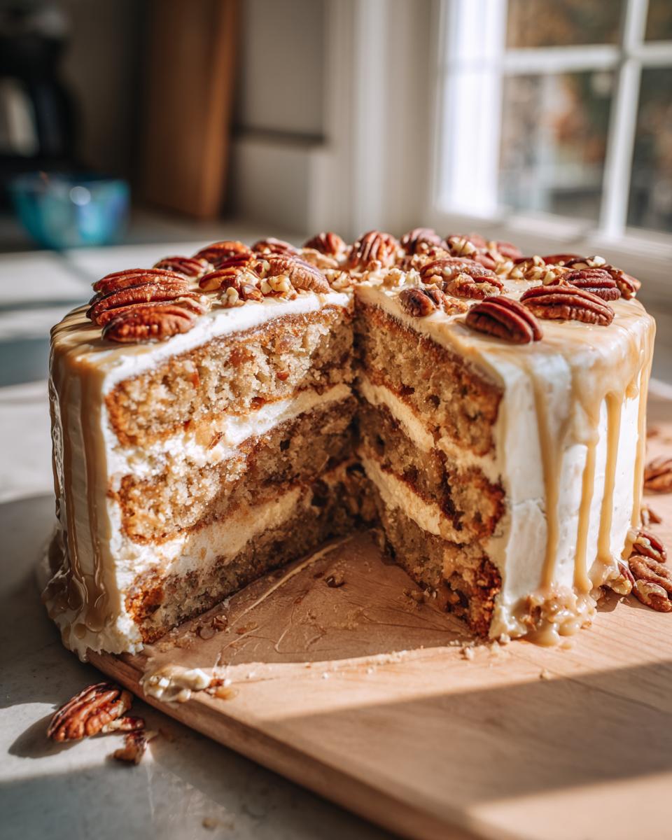 A slice of delicious Brown Butter Pecan Cake, revealing layers of cake and frosting, topped with pecans and caramel.