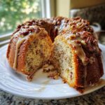 A slice of moist Brown Butter Pecan Cake, drizzled with glaze and topped with pecans.