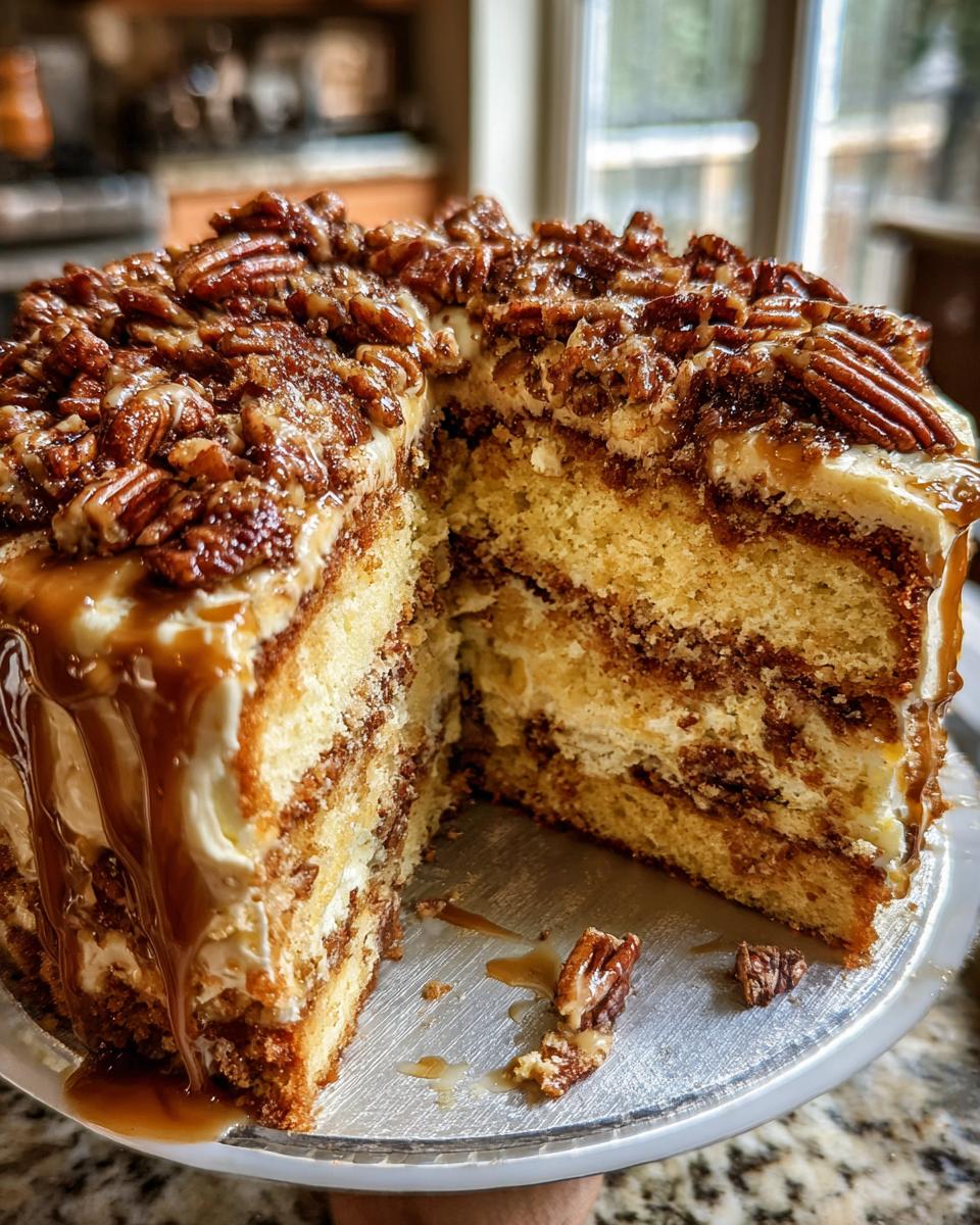 A slice of moist Brown Butter Pecan Cake with layers of frosting and caramel drizzle, topped with pecans.
