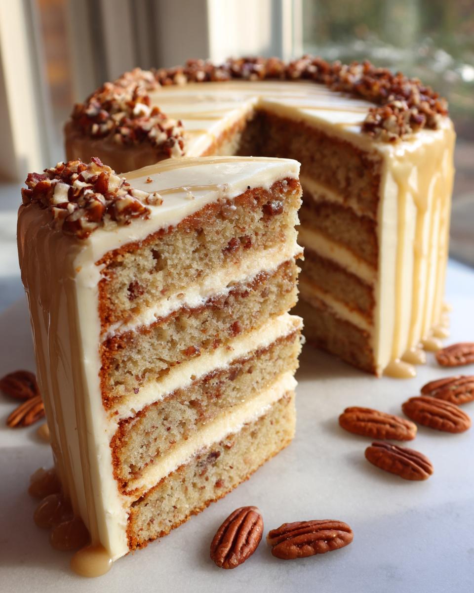 A slice of moist brown butter pecan cake with creamy frosting, caramel drizzle, and chopped pecans.