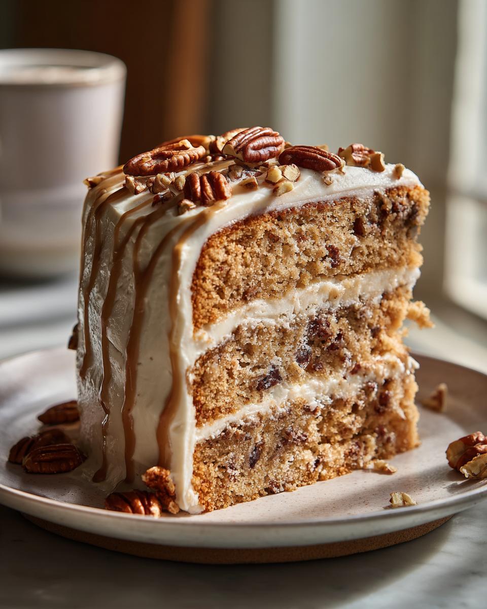 A slice of moist Brown Butter Pecan Cake with creamy frosting, drizzled caramel, and whole pecans on top.