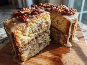 A slice of moist brown butter pecan cake with a rich caramel glaze and whole pecans on top.