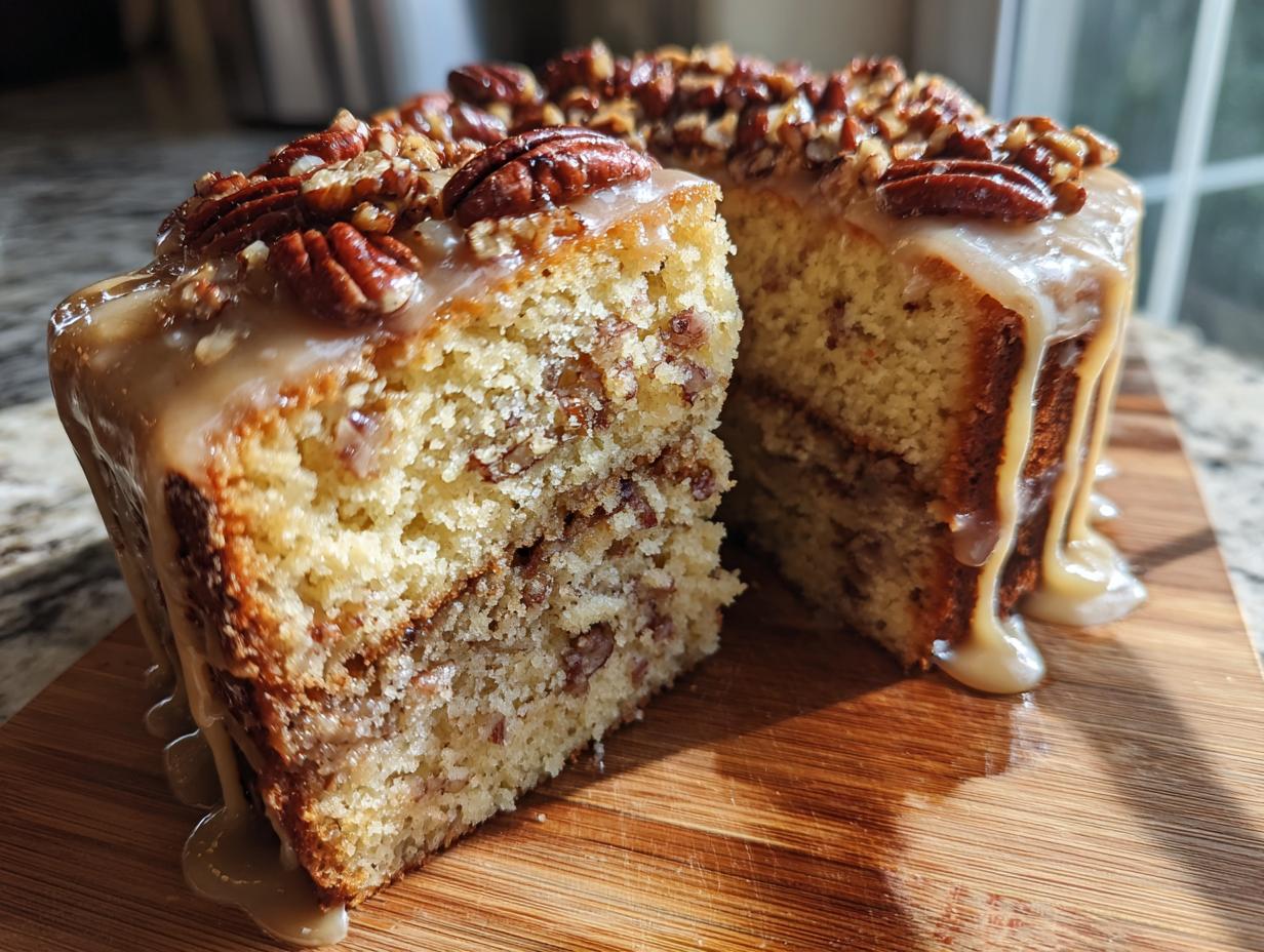 A slice of moist brown butter pecan cake with a rich caramel glaze and whole pecans on top.